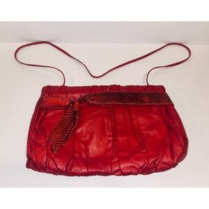 Vintage 80s Venetto Red Leather Snakeskin Bow Clutch Purse Crossbody USA Made